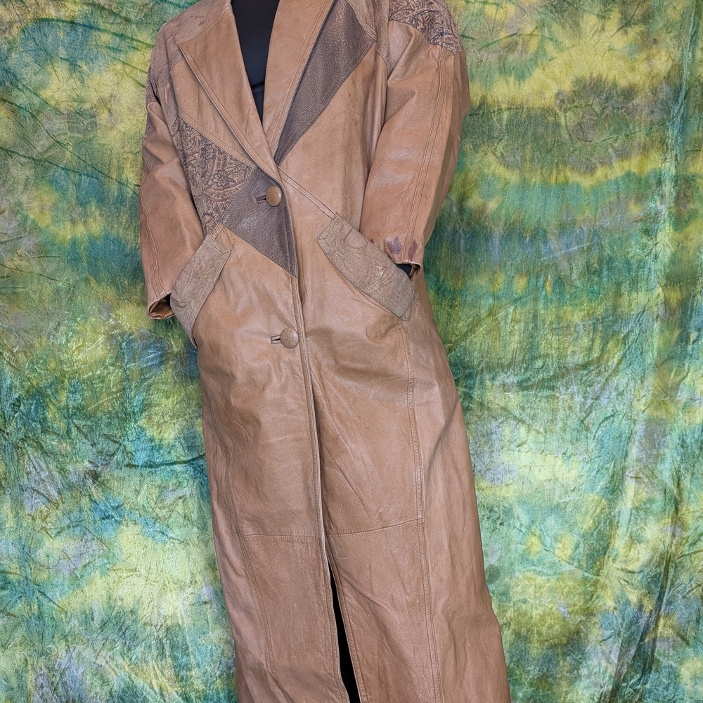Vintage Brown Leather Long Trench Coat